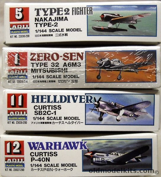 Arii 1/144 Nakajima Type 2 Seaplane / Zero Type 32 A6M3 / Curtiss SB2C-1 Helldiver / Curtiss P-40N Warhawk, 23030-200 plastic model kit